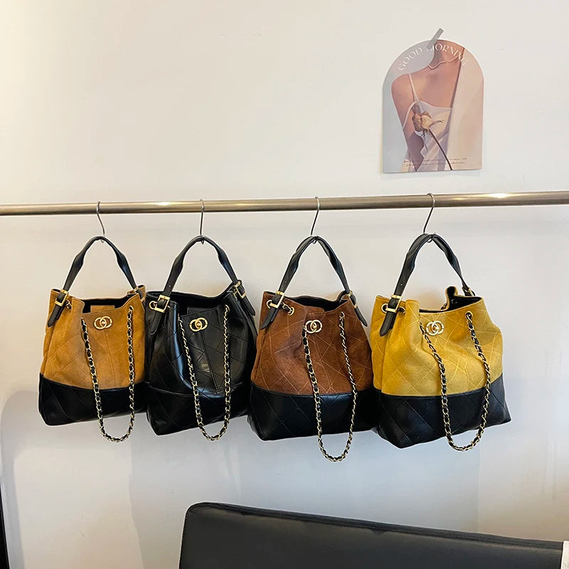High-End Textured Quilted Chain Satchel Bucket Bag