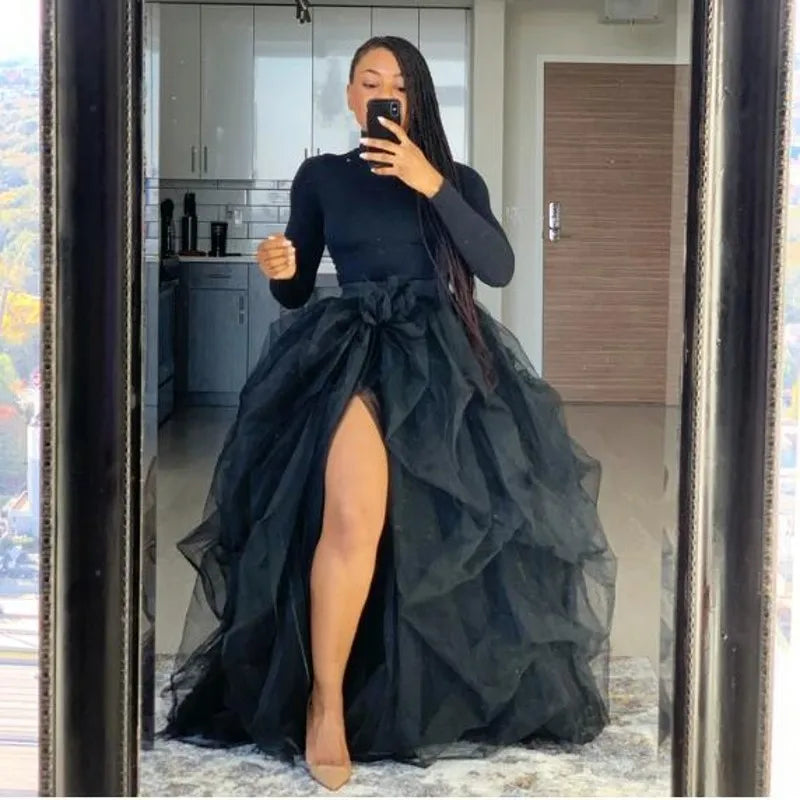Women’s Tutu Long Skirt – Front Split Layered Tulle Puffy Skirts