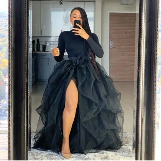 Women’s Tutu Long Skirt – Front Split Layered Tulle Puffy Skirts