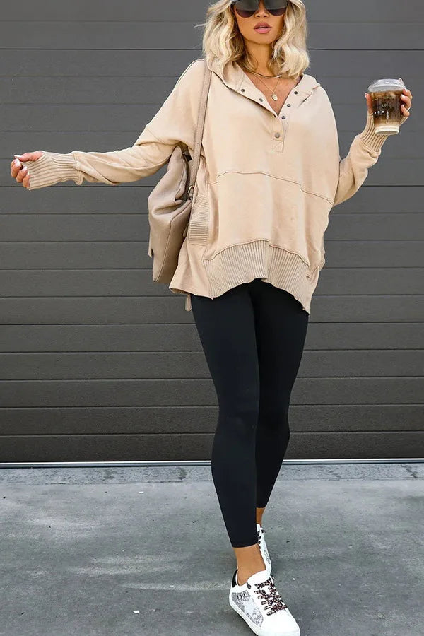 Stay Cozy in Style – Casual Loose White V-Neck Hooded Sweatshirt for Women
