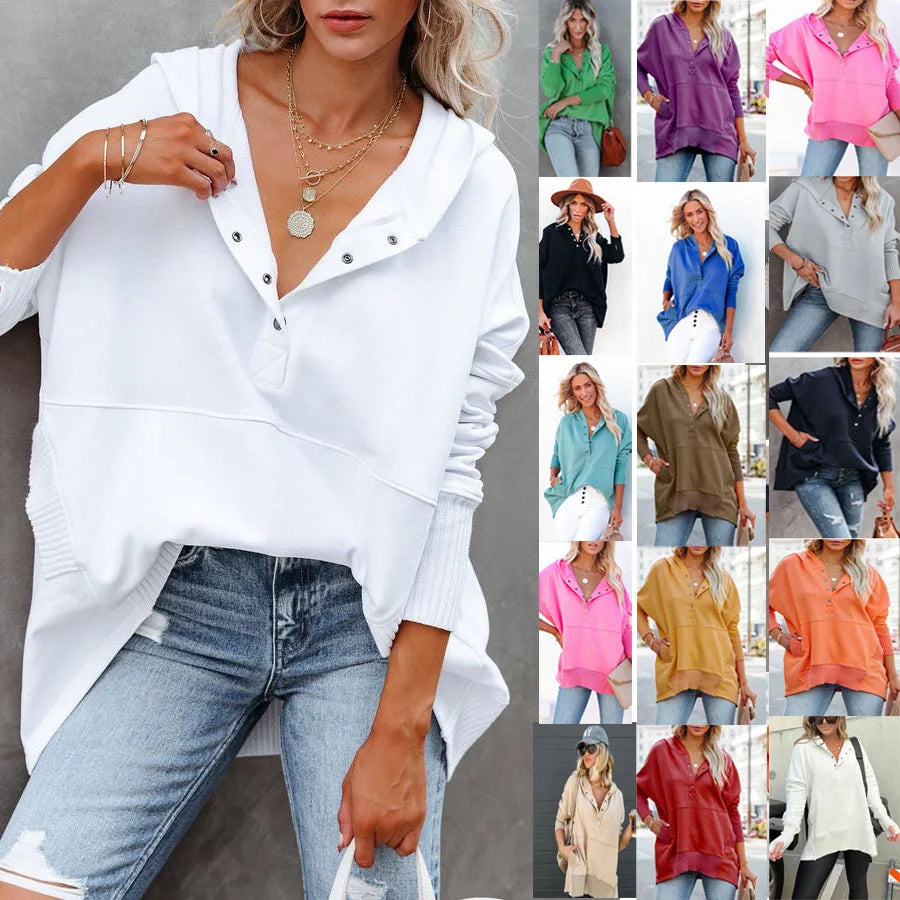 Stay Cozy in Style – Casual Loose White V-Neck Hooded Sweatshirt for Women