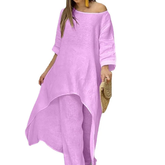 Two-Piece Women's African Outfit – Cotton Linen Top & Oversized Trousers