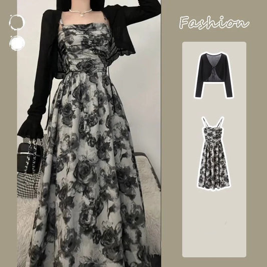 Rose Print Black Cardigan Dress Set – Lightweight, Loose, Casual Summer Sunscreen Two-Piece for Women