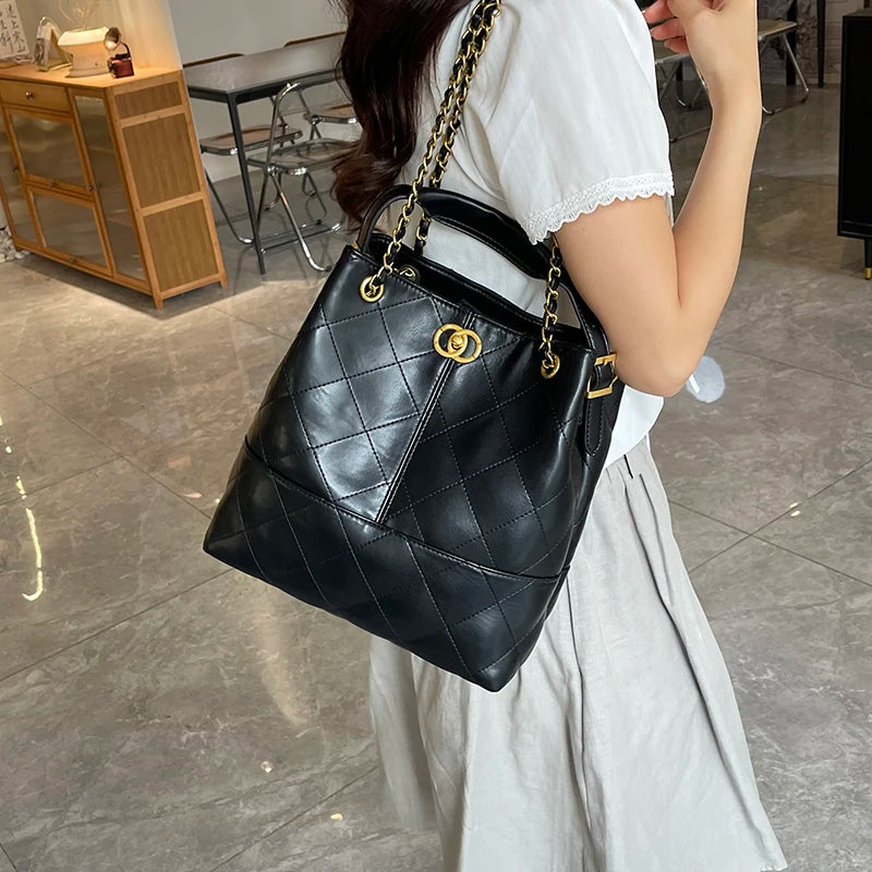 High-End Textured Quilted Chain Satchel Bucket Bag
