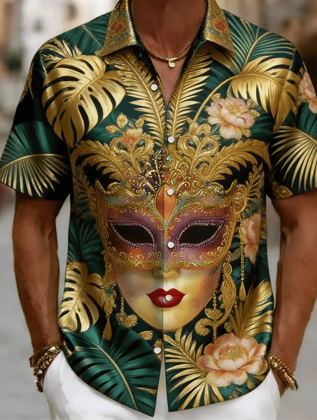 Men's Venetian Mask Print Shirt – Luxury Baroque Short Sleeve Button-Up, Loose Fit Casual Summer Party Top