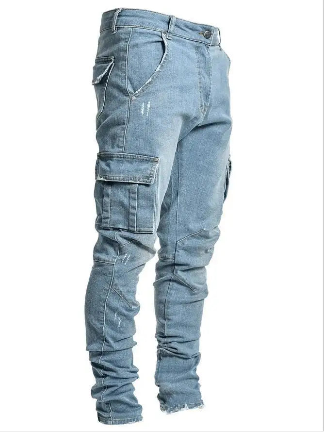 Men’s Washed Solid Color Multi-Pocket Denim Cargo Jeans – Mid Waist Casual Pants