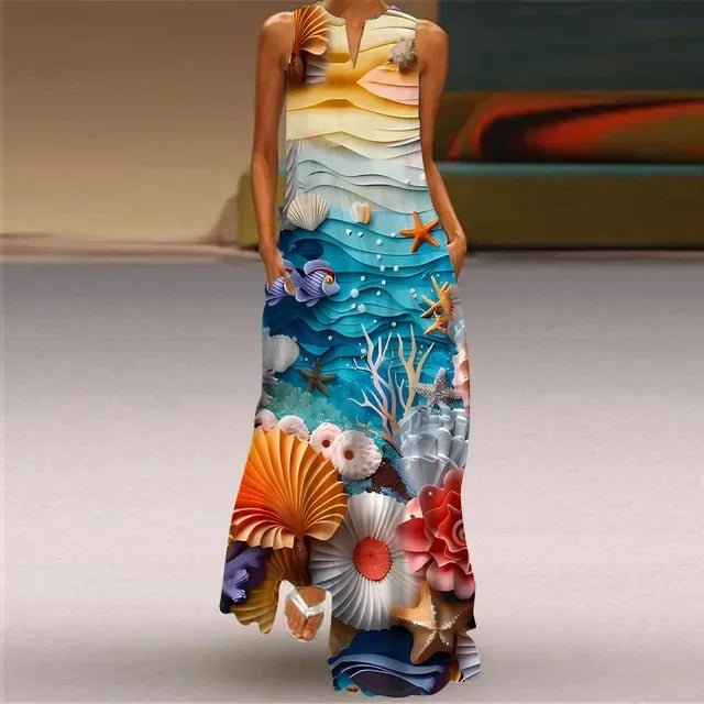 Summer Women’s Artistic Retro Sleeveless V-Neck Oversized Swing Maxi Dress | Casual Loose Boho Long
