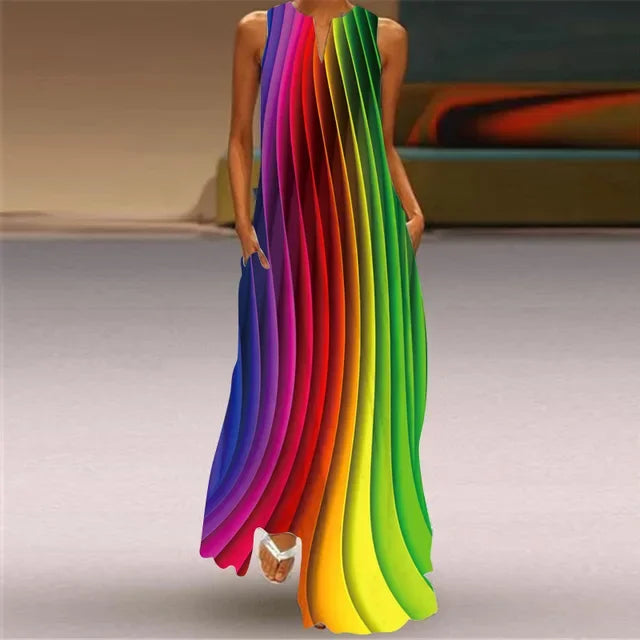 Summer Women’s Artistic Retro Sleeveless V-Neck Oversized Swing Maxi Dress | Casual Loose Boho Long