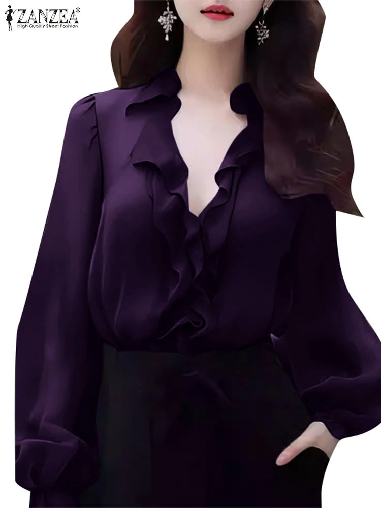 ZANZEA Women’s V-Neck Long Sleeve Blouse – Elegant Office Tunic Top