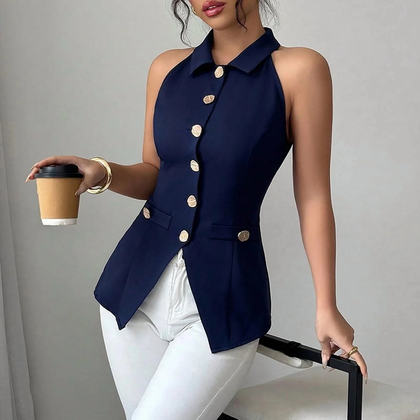 Women's Sleeveless Collared Button-Down Suit Vest – Slim Fit Business Casual Top