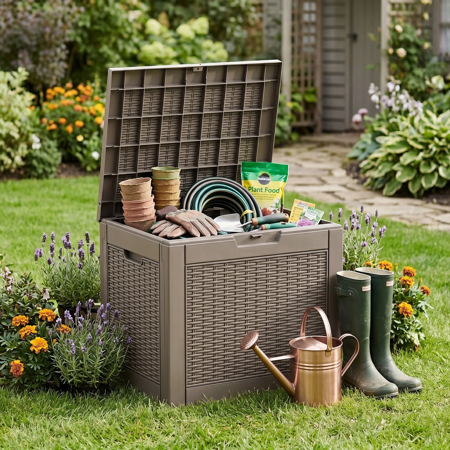 30-Gallon Gray Rattan-Textured Resin Outdoor Deck Storage Box (Weatherproof)