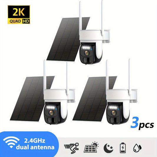 3PCS Solar-Powered Outdoor Security Cameras – 2K HD, AI Motion Detection, PTZ 360°, Color Night Vision