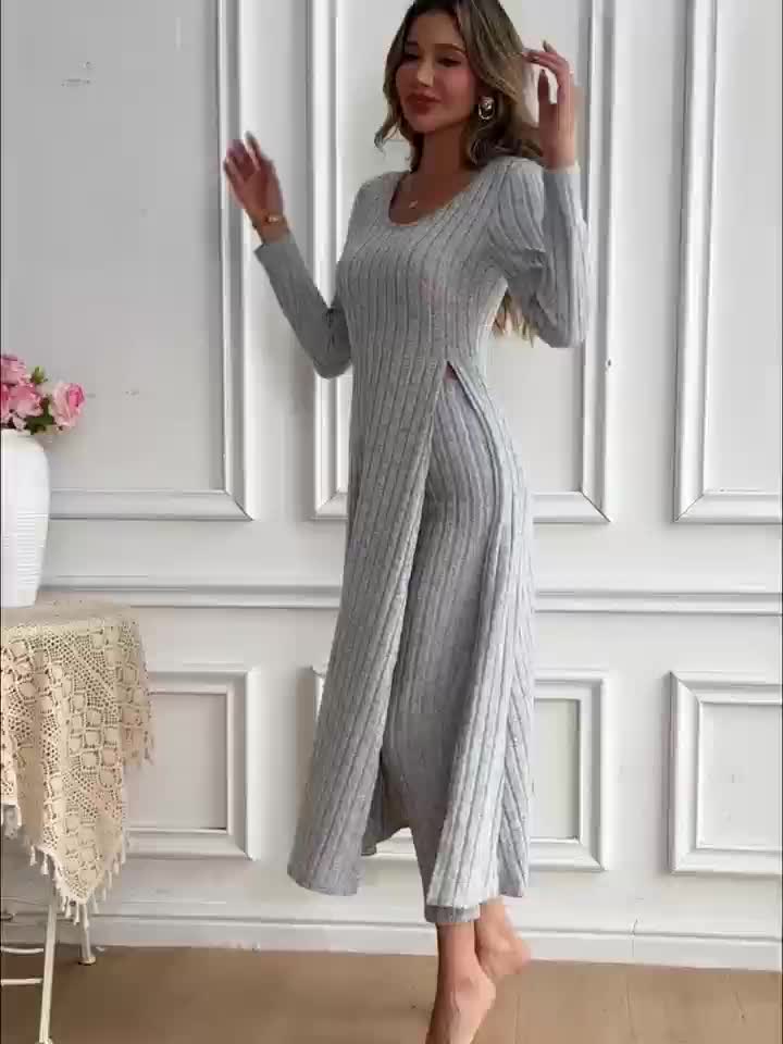 Two-piece Set of Long-sleeved Ribbed Top and Pants for Women