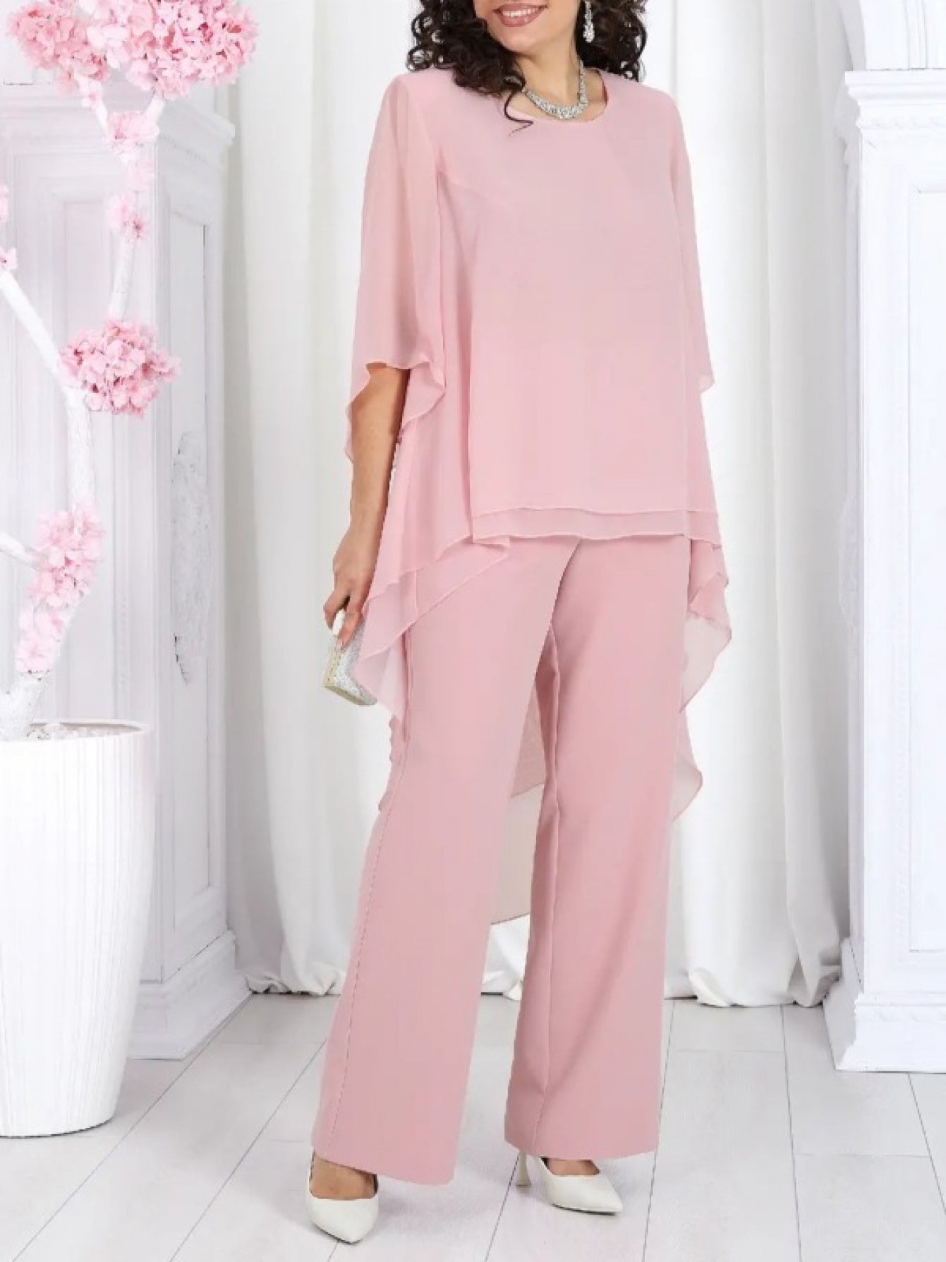 Plus Size Women’s 2025 Loose Casual Solid Color Chiffon Top & Two-Piece Set