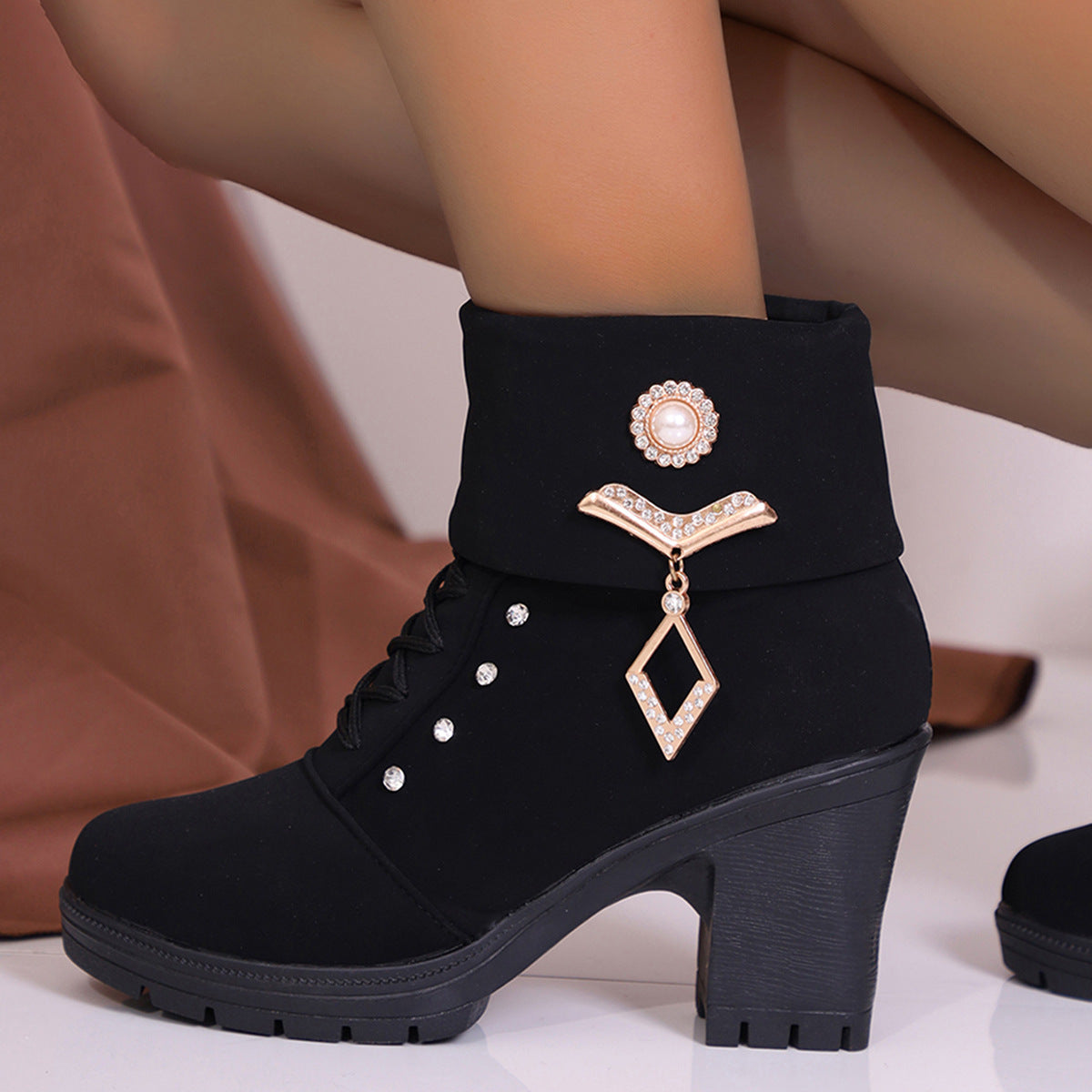 Plus Size Martin Boots Rhinestone High-Heeled Cotton Boot: