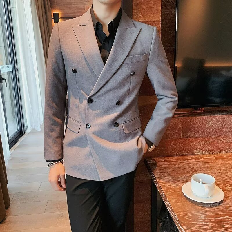 Men's Simple Solid Color Casual Double--breasted Jacket