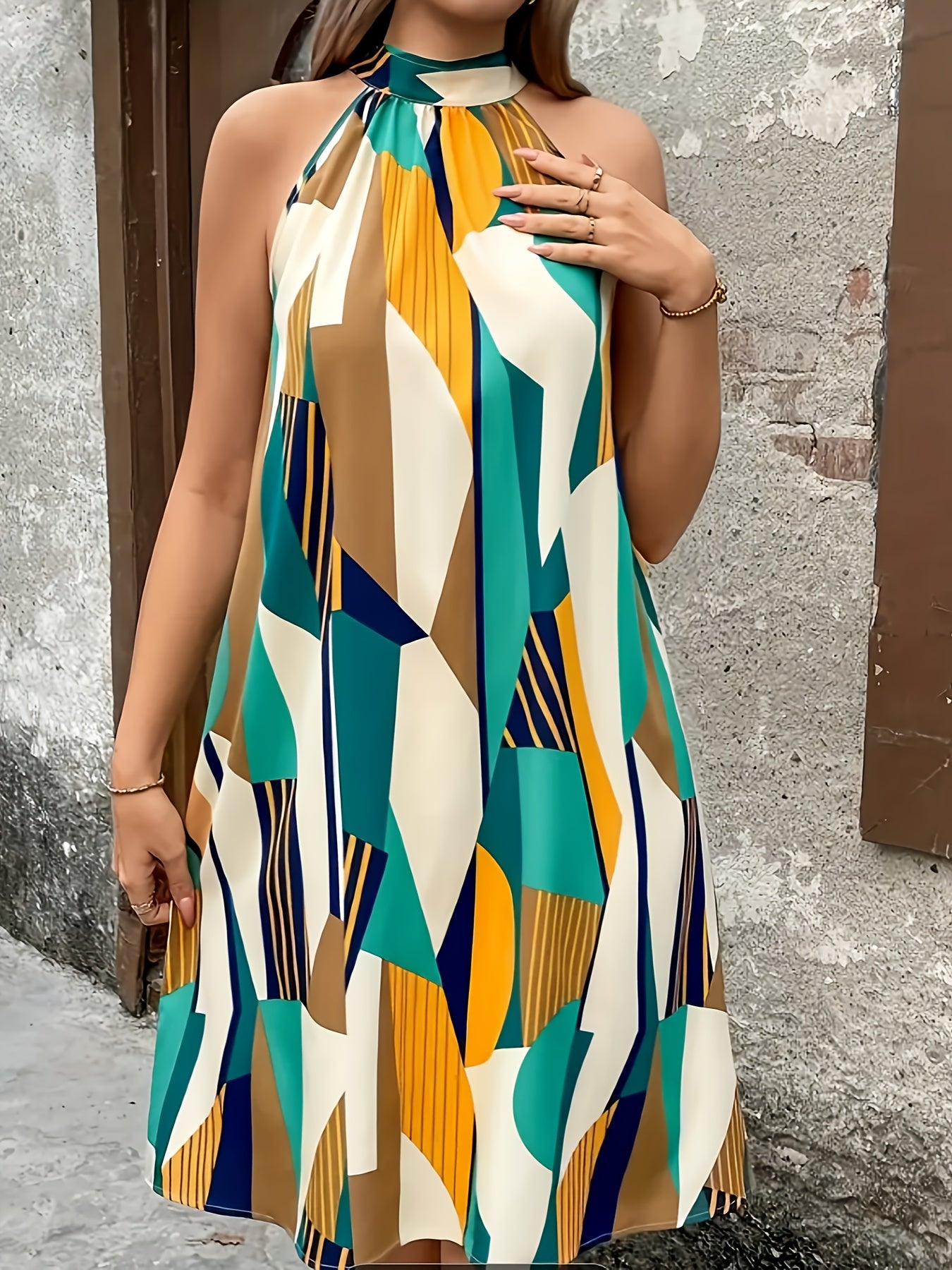 Elegant Off-Shoulder Geometric Print A-Line Dress