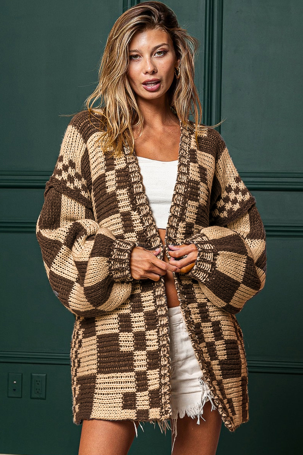 Dark Brown Color Block Checked Cardigan.