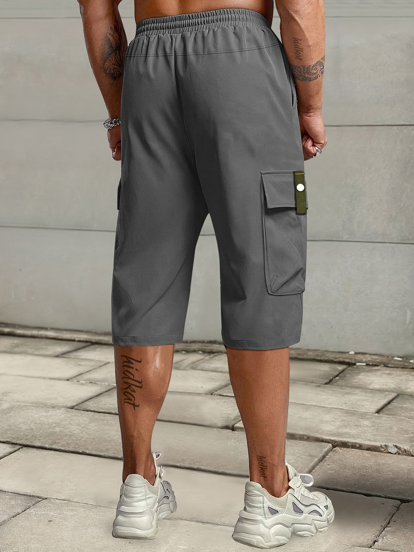 Men's Summer Casual Cargo Shorts with Elastic Drawstring Waist, Multi-Pocket Design & Letter Patch