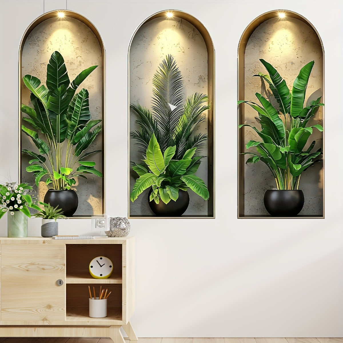 Nordic Style 3D Arched Window Flower Pot Stickers, Set of 3 – Realistic Wall Decor