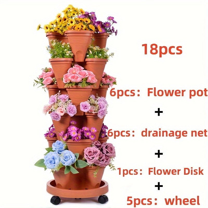 Hot Deal 5-Layer Stackable Vertical Garden Planter – 1 Set (16 Pcs) with Wheels & Tools
