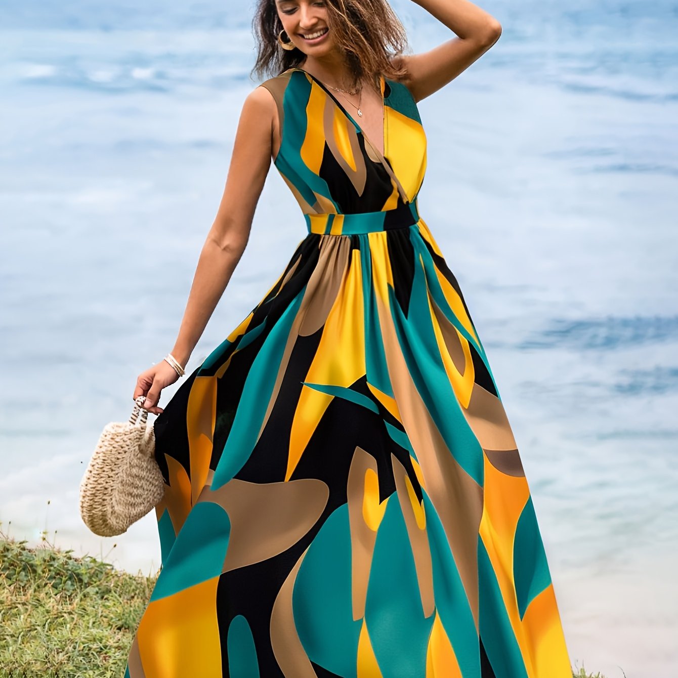 New Summer Women's V-Neck Geometric Print Dress YT