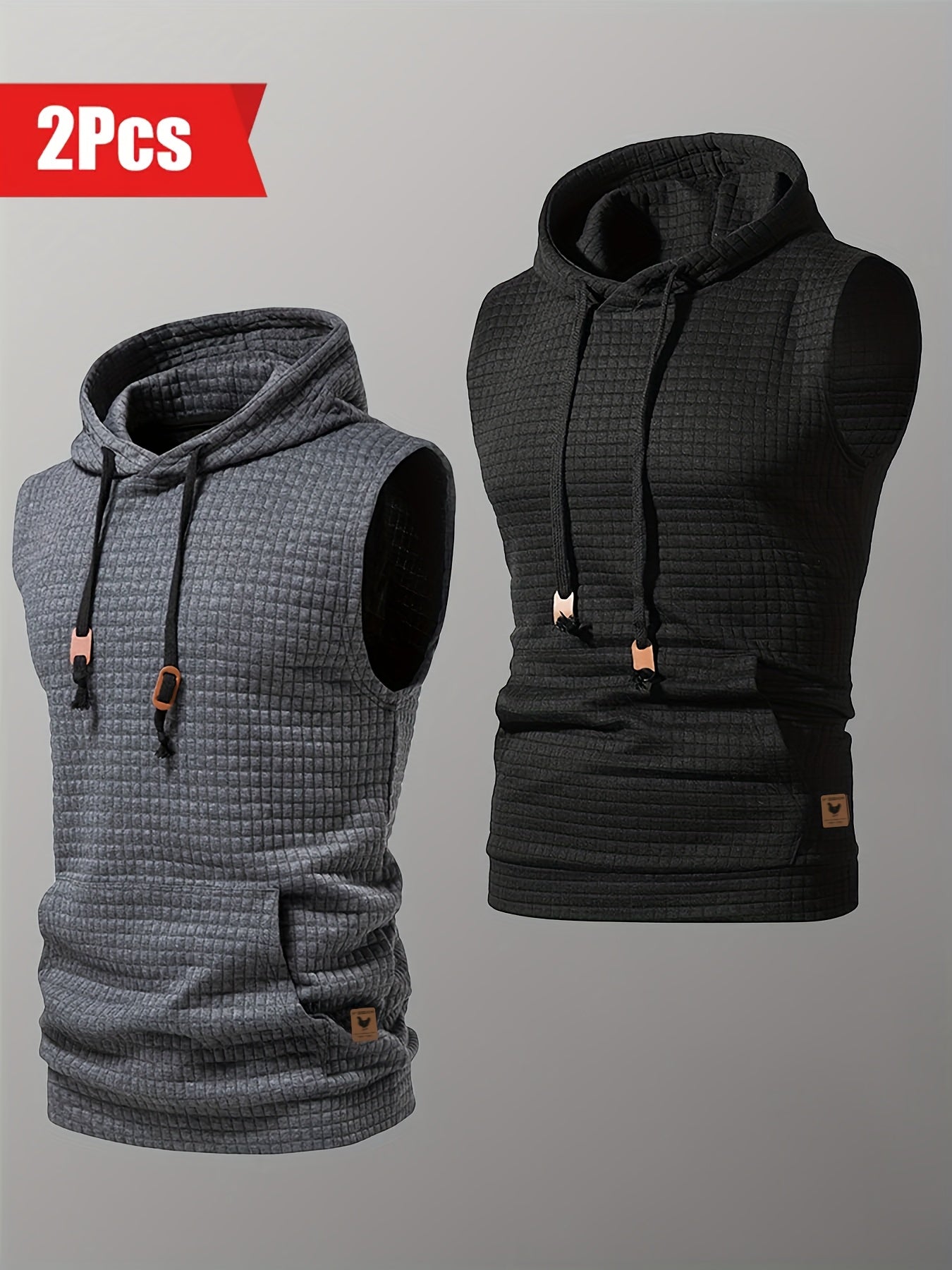 2pcs Casual Sleeveless Hooded Jacquard Tank Top