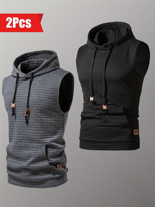 2pcs Casual Sleeveless Hooded Jacquard Tank Top