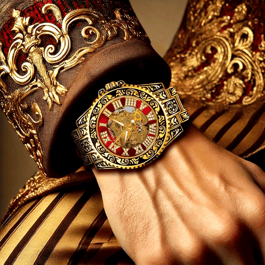 1pc Men's Red Steel Belt Retro Style Mechanical Watch – Luminous & Carved Design