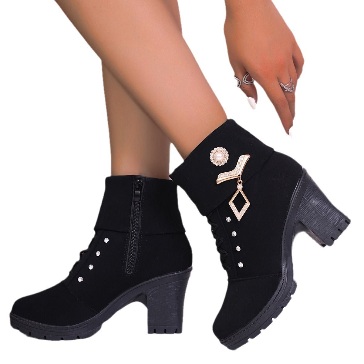 Plus Size Martin Boots Rhinestone High-Heeled Cotton Boot: