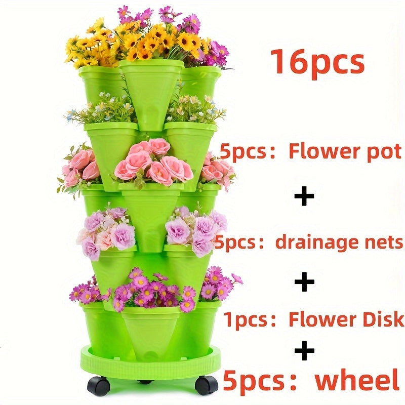 Hot Deal 5-Layer Stackable Vertical Garden Planter – 1 Set (16 Pcs) with Wheels & Tools