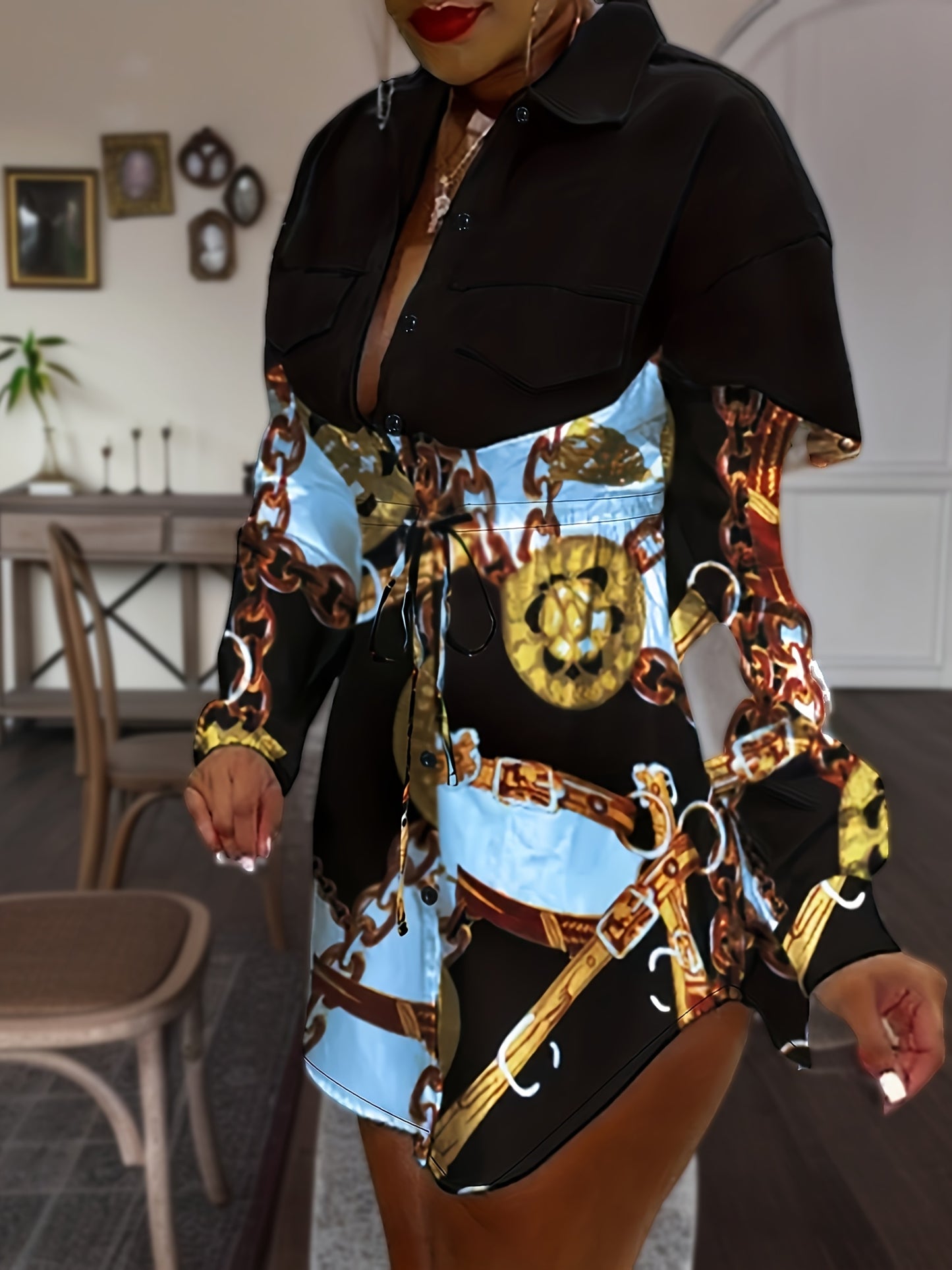 Plus Size Women’s Chic V-Neck Color block Baroque Print Shirt Dress