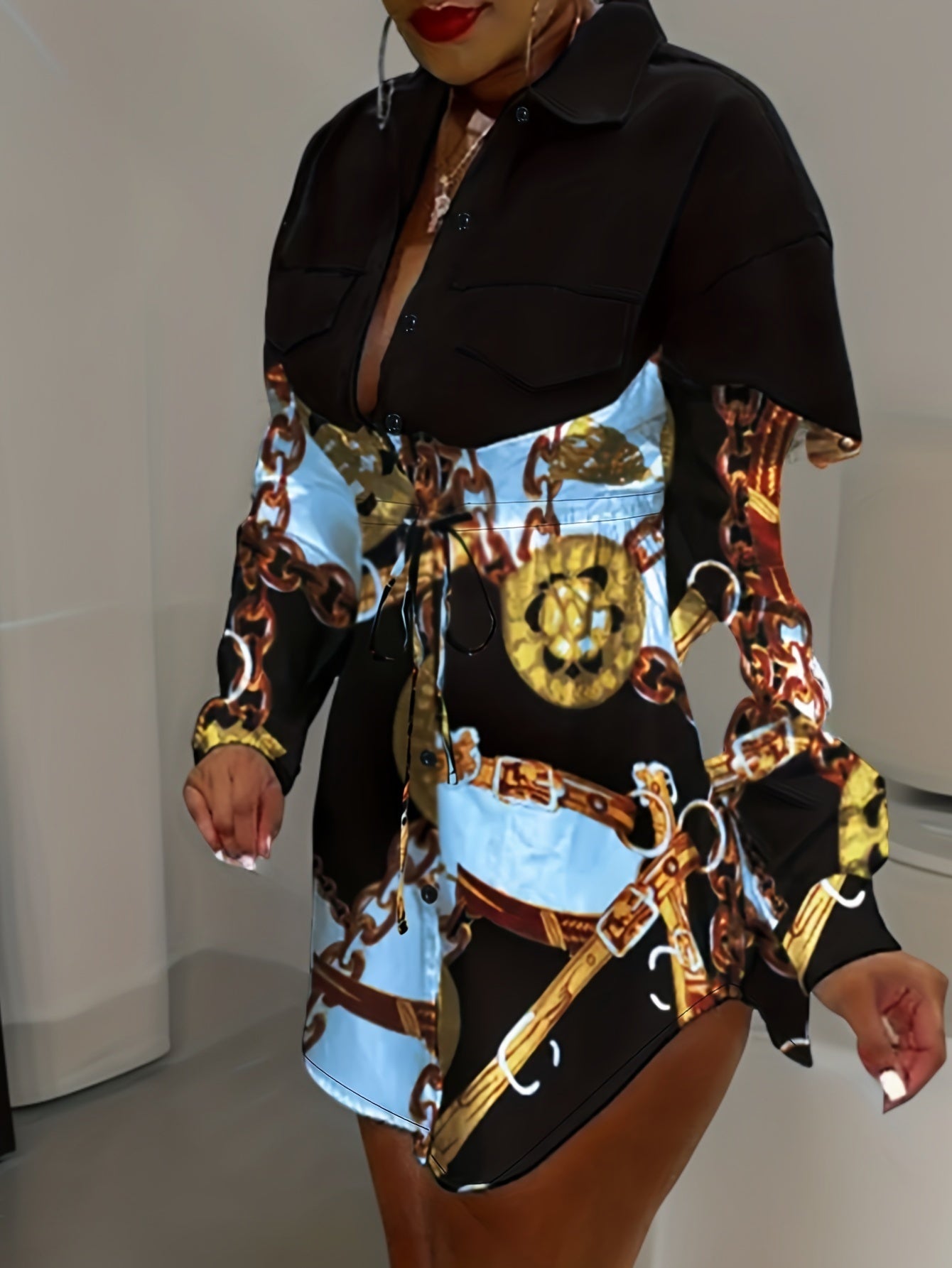 Plus Size Women’s Chic V-Neck Color block Baroque Print Shirt Dress