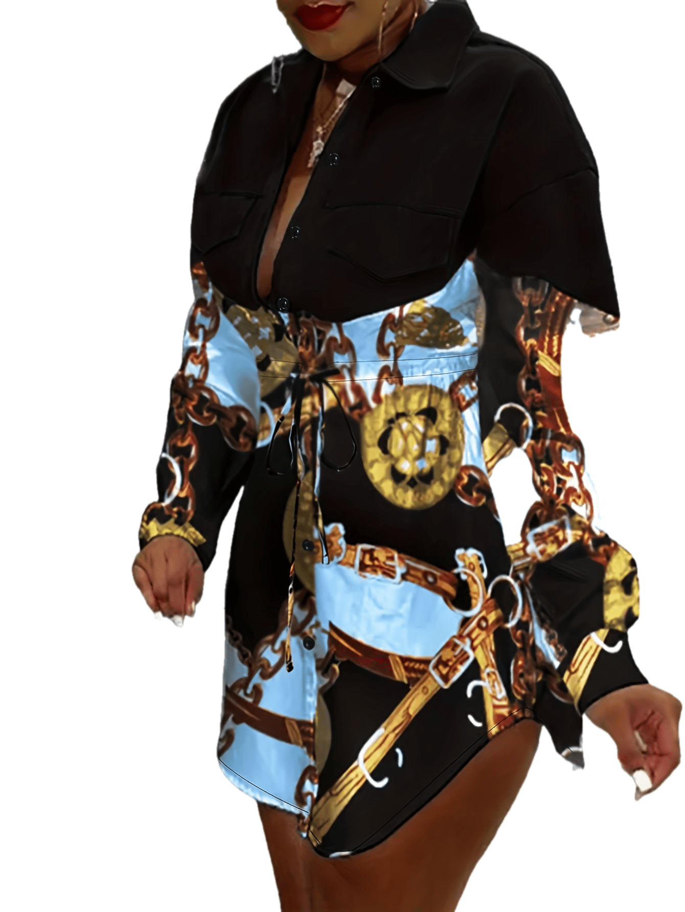 Plus Size Women’s Chic V-Neck Color block Baroque Print Shirt Dress