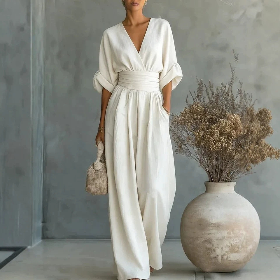 Summer Short-Sleeved Jumpsuit – Fashion Casual V-Neck Wide-Leg Pants for Women