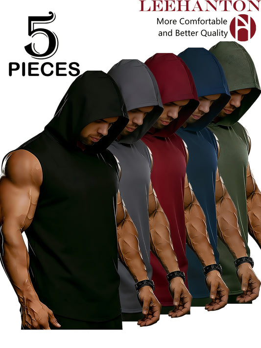 5PCS Men’s Summer Hooded Vest Set – Breathable Moisture-Wicking Athletic Tank Tops