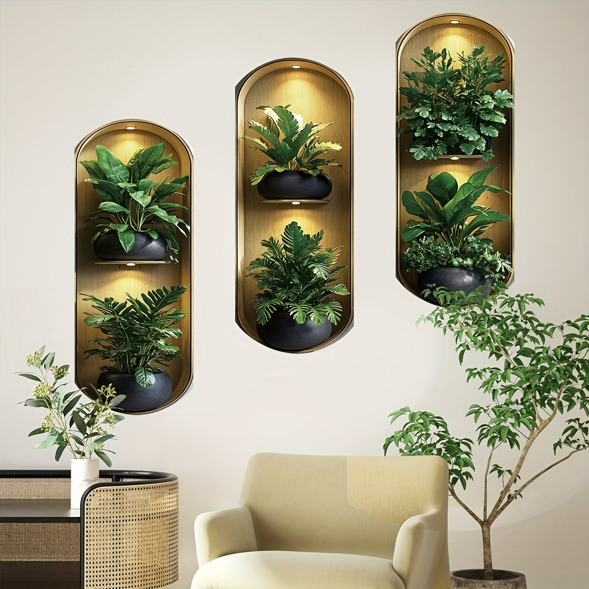 Pack of 3 Realistic Arched Plant Wall Decals – Green Foliage Window Decor Stickers