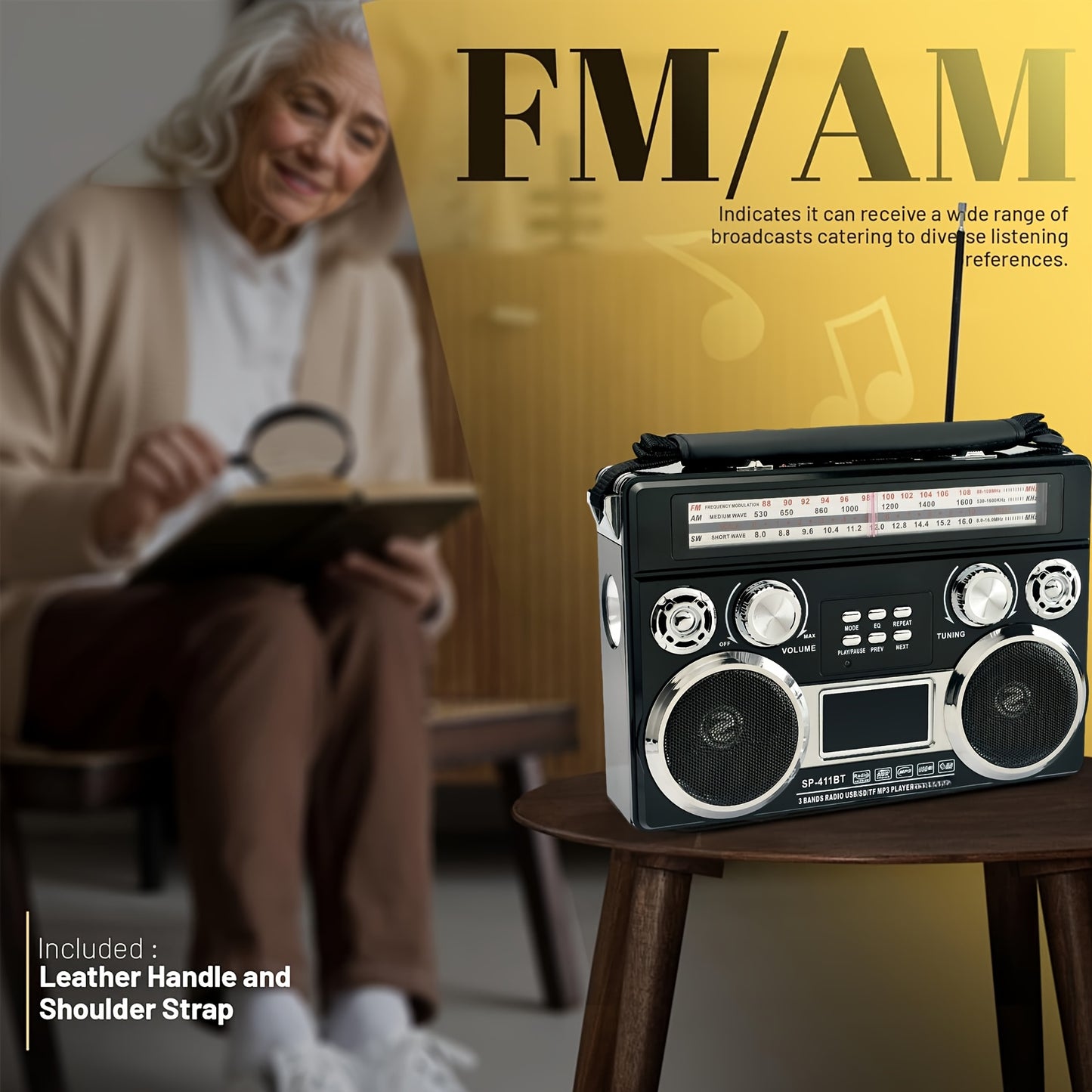 Portable 3-Band Radio with Wireless, Solar Panel & LED Flashlight