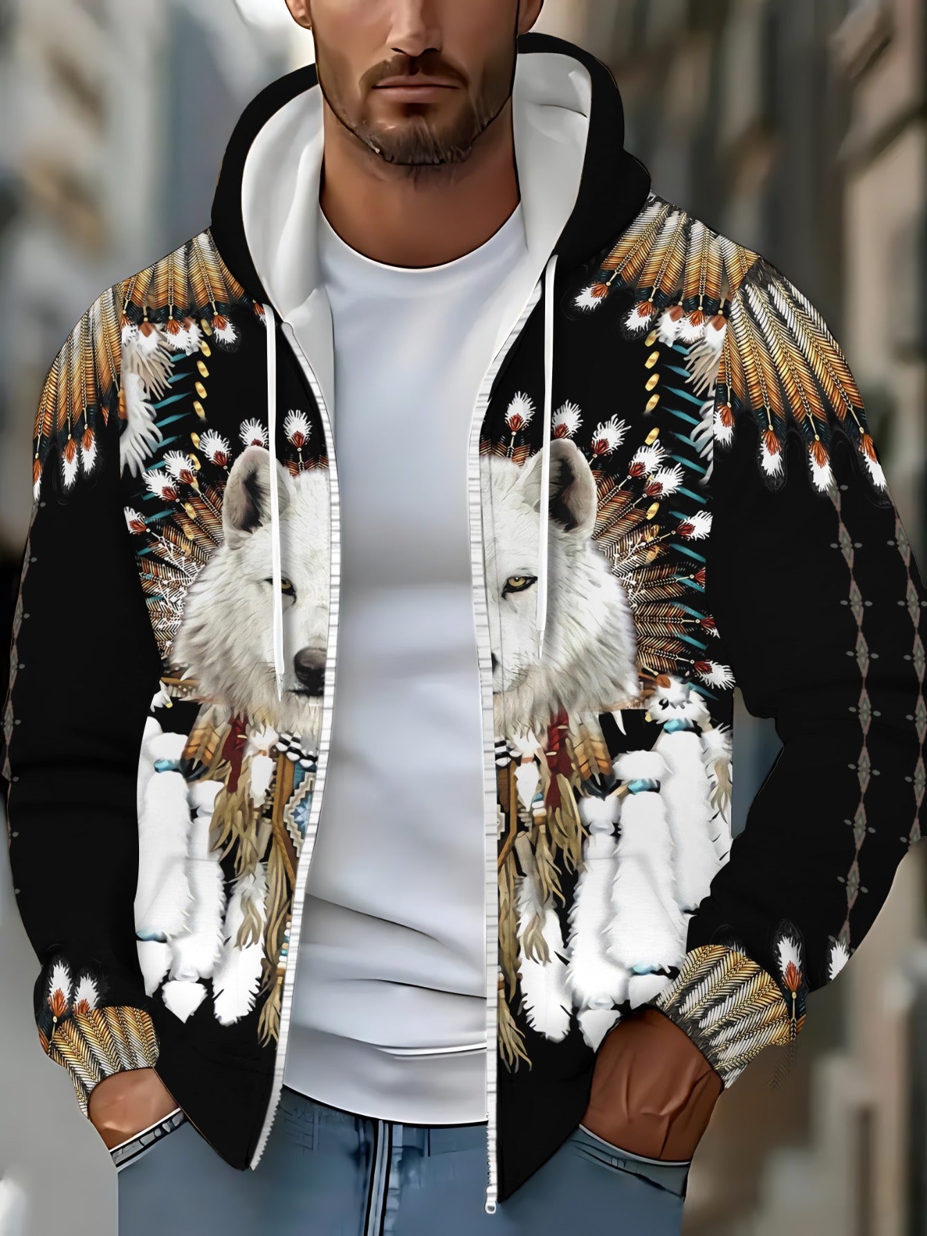 Men’s Full-Zip Hoodie – Wolf & Tribal Print
