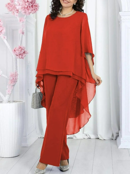 Plus Size Women’s 2025 Loose Casual Solid Color Chiffon Top & Two-Piece Set