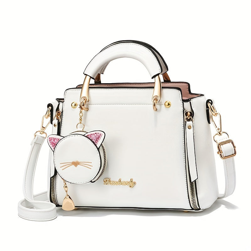 Top Handle Satchel Purses with Cute Kitten Pendant