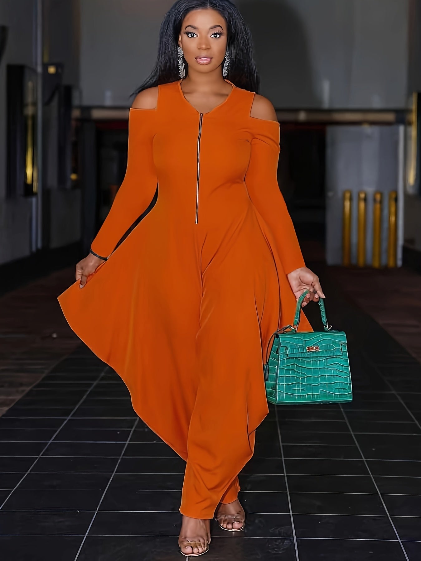 Fashionable Solid Color Off-Shoulder Zip-Up Jumpsuit