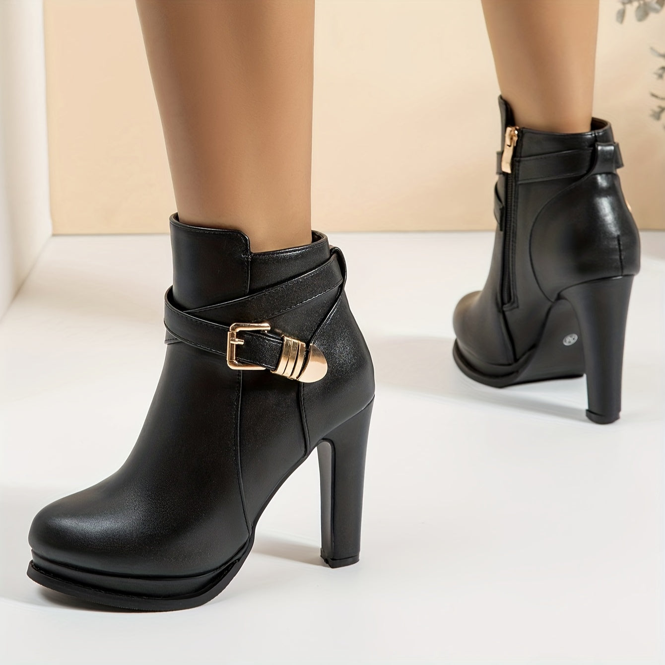 Women's Black High-Heeled Ankle Boots with Golden Buckle Strap