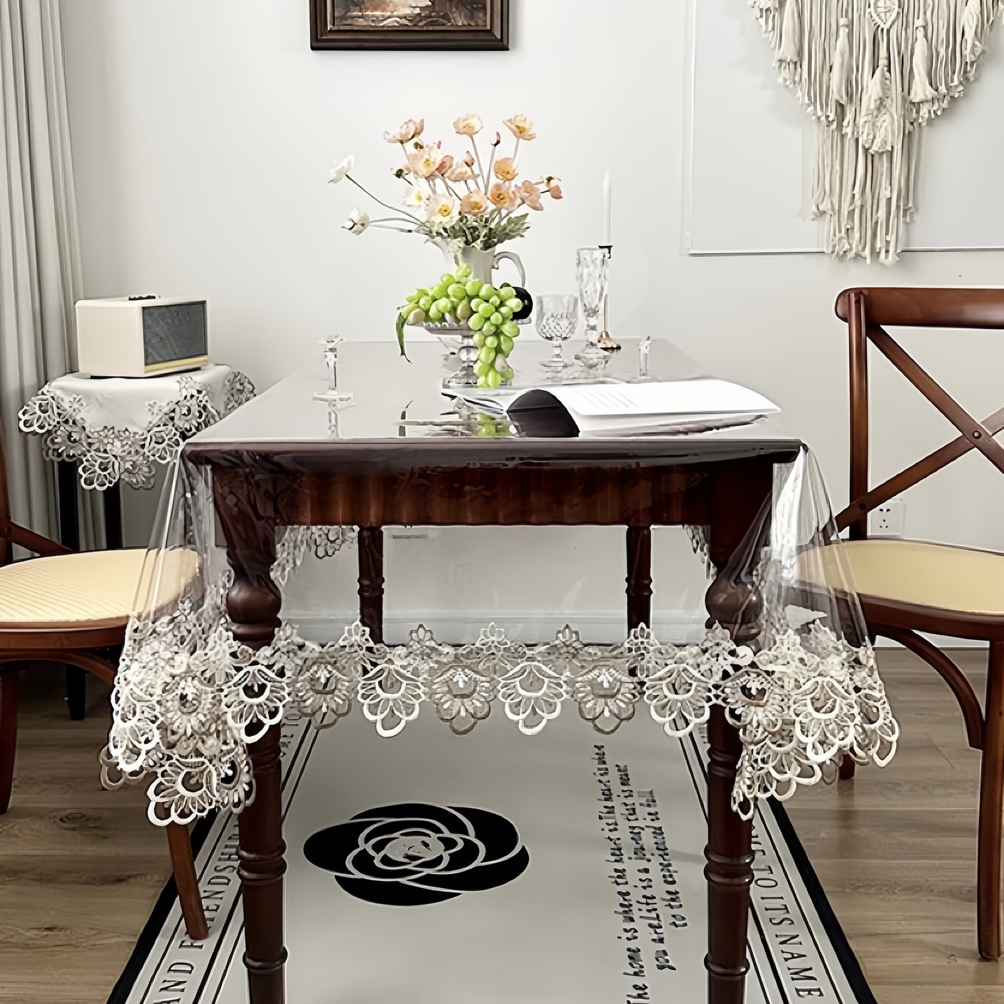 Elegant Clear PVC Lace Embroidered Tablecloth – Rectangular Floral Design