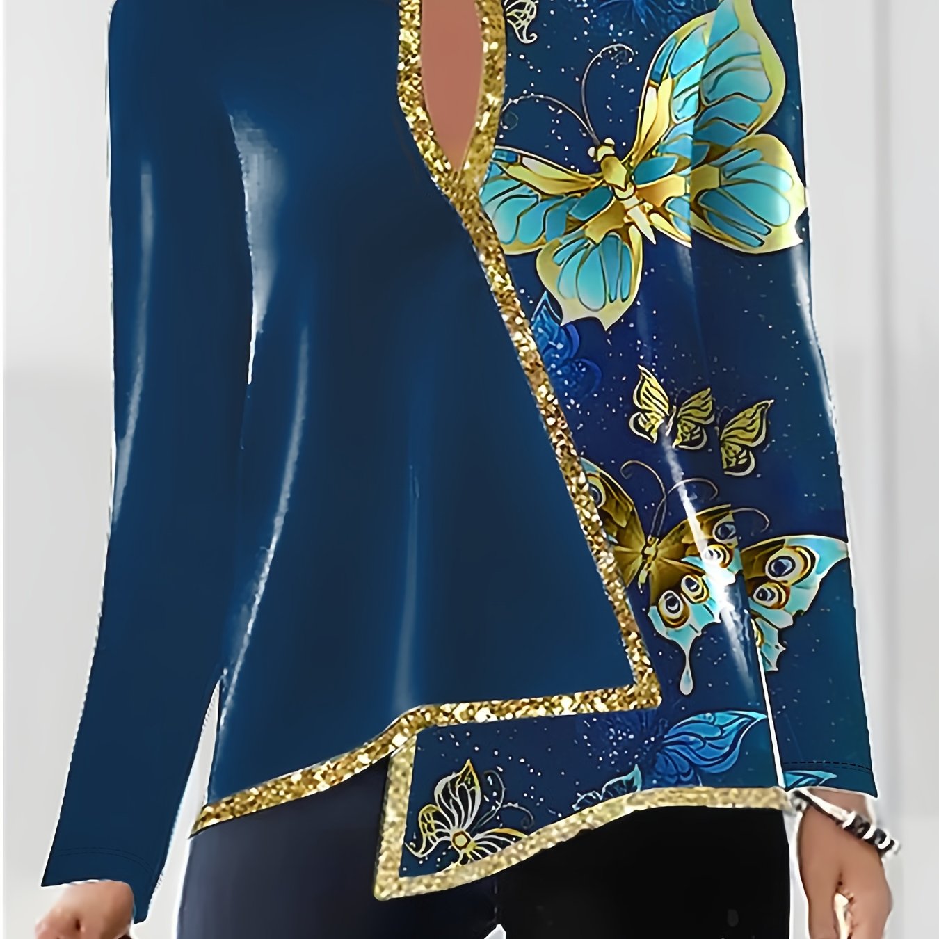 Women's Butterfly Print T-Shirt with Notched Neck – Long Sleeve, Contrast Trim