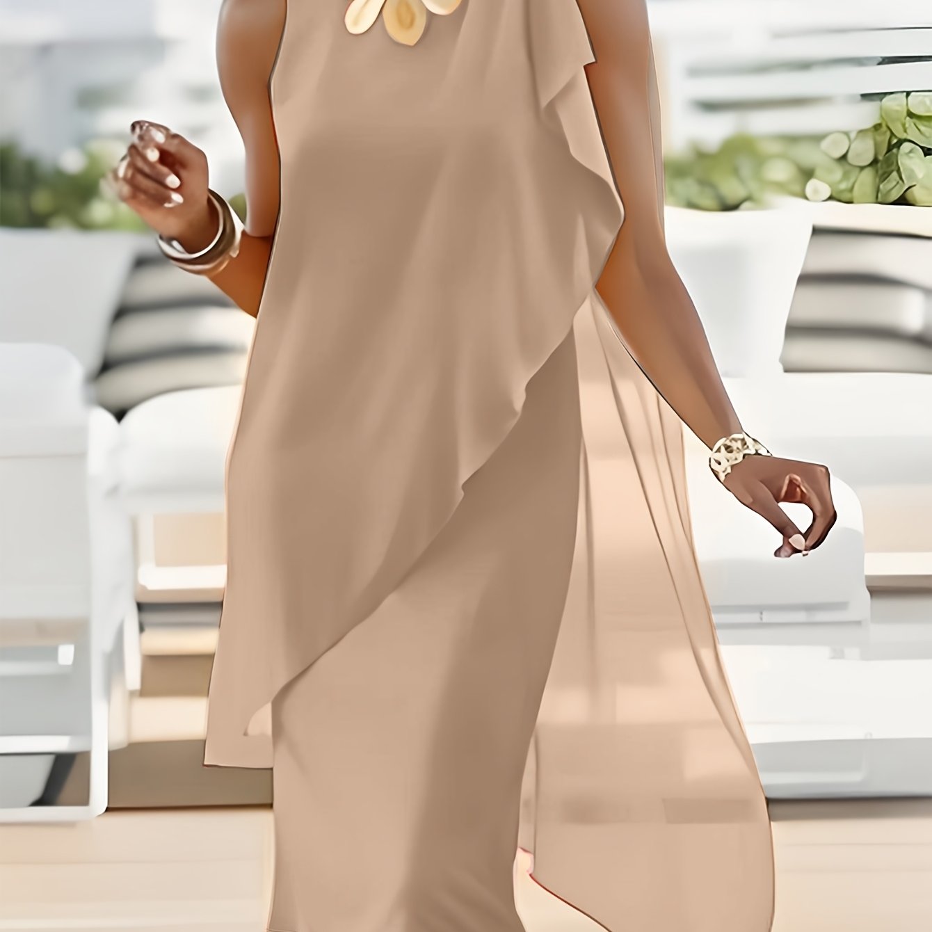 Elegant Solid Color Irregular Chiffon Patchwork Sleeveless Round Neck Dress