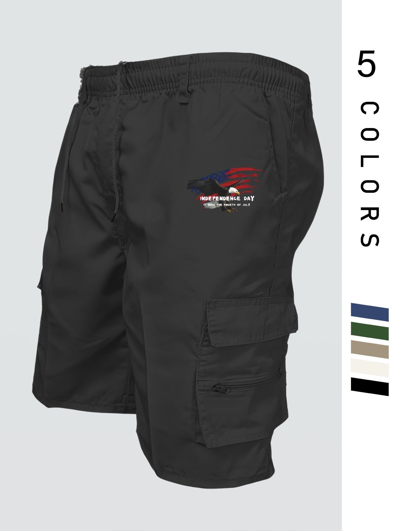 Eagle Print Loose Fit Elastic Cargo Shorts