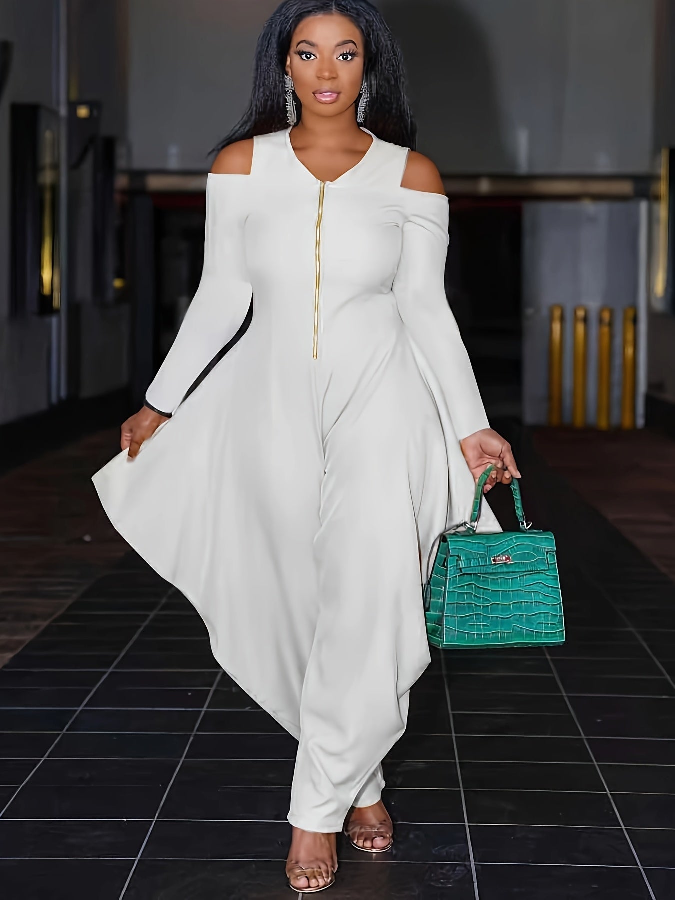 Fashionable Solid Color Off-Shoulder Zip-Up Jumpsuit