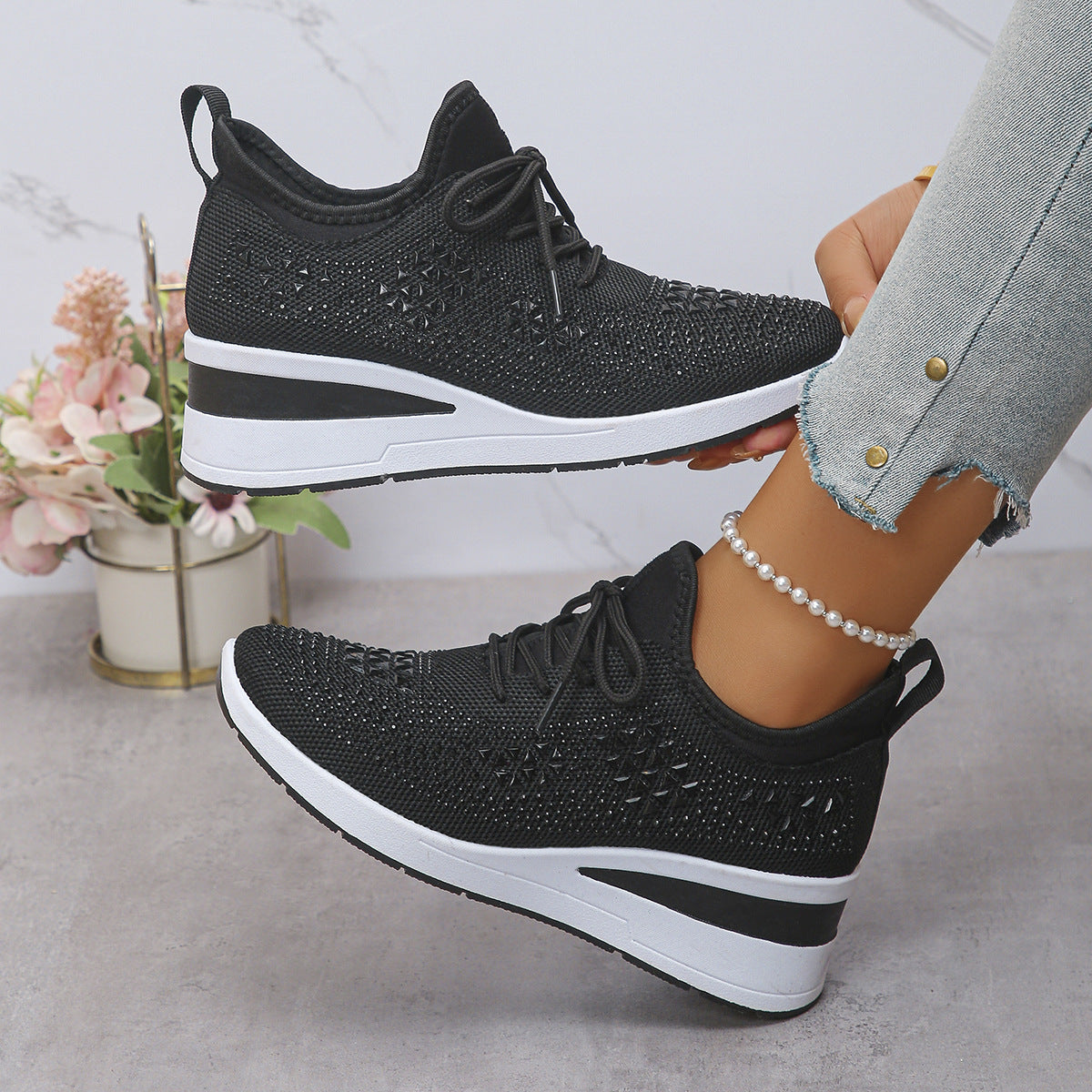 Rhinestone Wedge Sneakers – Fashion Lace-Up Casual Sports Shoes for Women