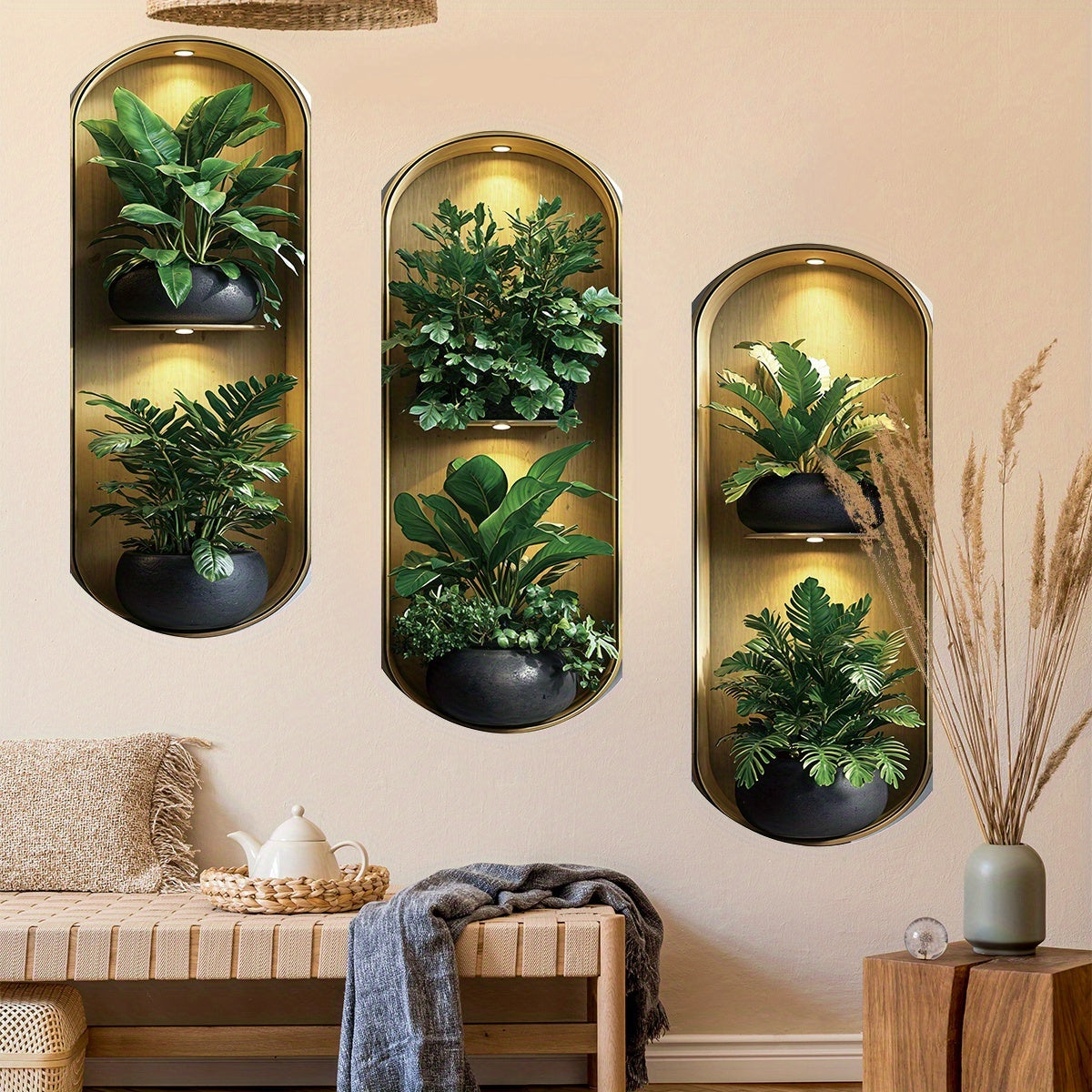 Pack of 3 Realistic Arched Plant Wall Decals – Green Foliage Window Decor Stickers